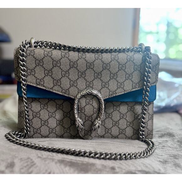 Gucci Dinoysus GG Small Supreme Taupe/Teal Suede Authentic - Picture 2 of 15